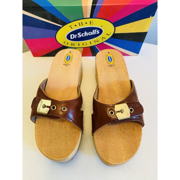 Dr Scholls Women Size 6 M Wood Exercise Clog Sandal Brown Leather Slide Shoe New - Picture 3 of 11